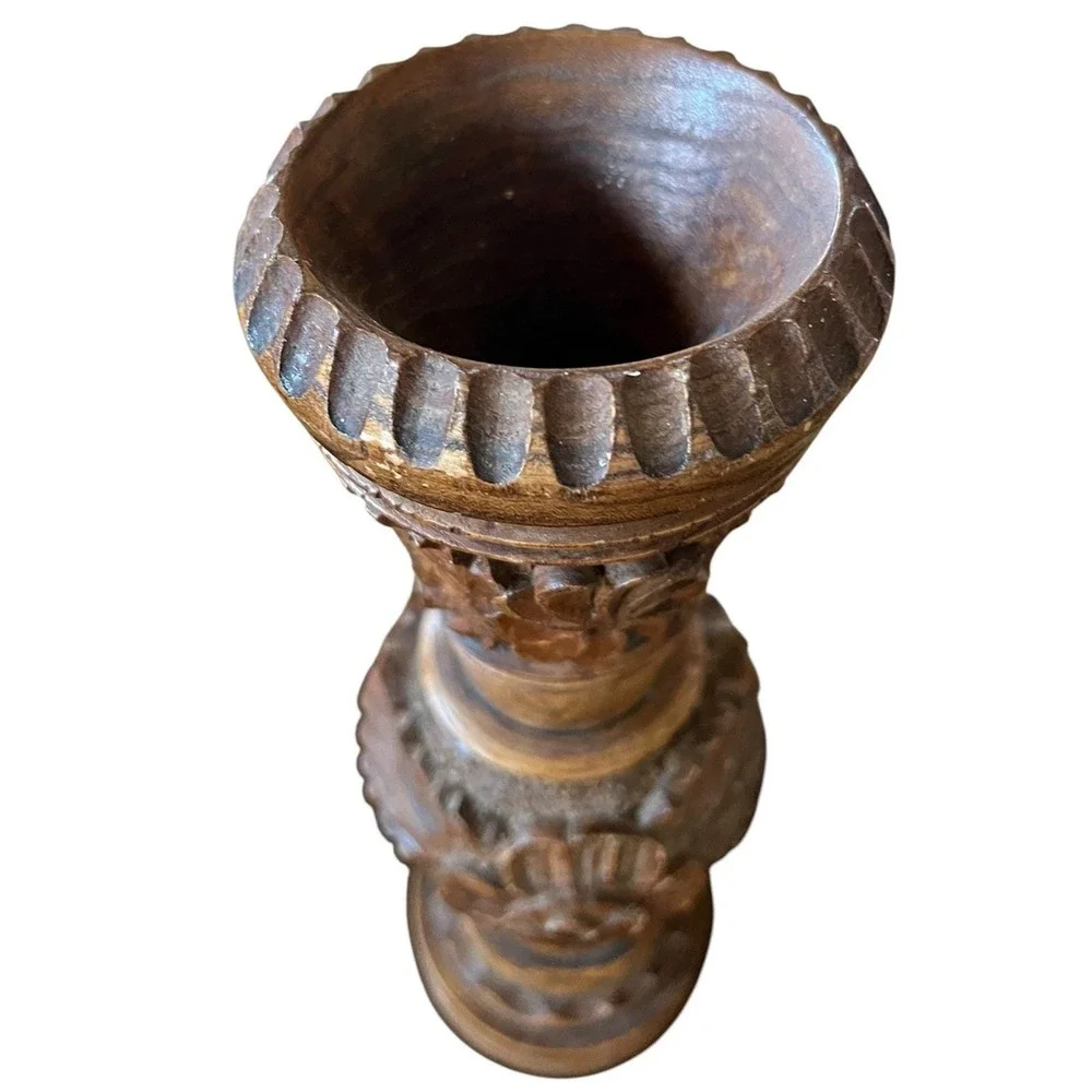 Hand Carved Floral Wooden Vase Rustic Artisan Decorative Wood Sculpture Vessel‎